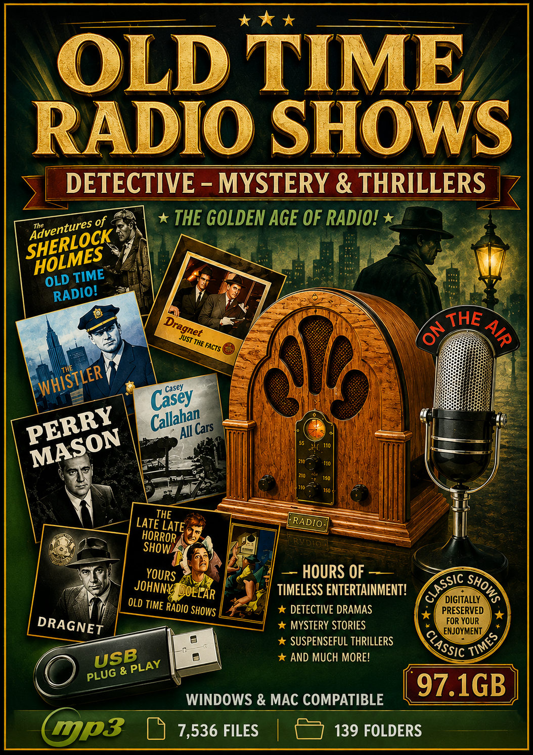 MASSIVE COLLECTION OF OLD TIME RADIO DETECTIVES SHOWS 97.1 GB OF MP3's ON USB