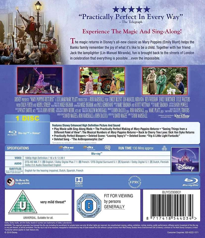 MARY POPPINS RETURNS + SING - A- LONG (Blu-ray, 2014) NEW SEALED - FREE POST