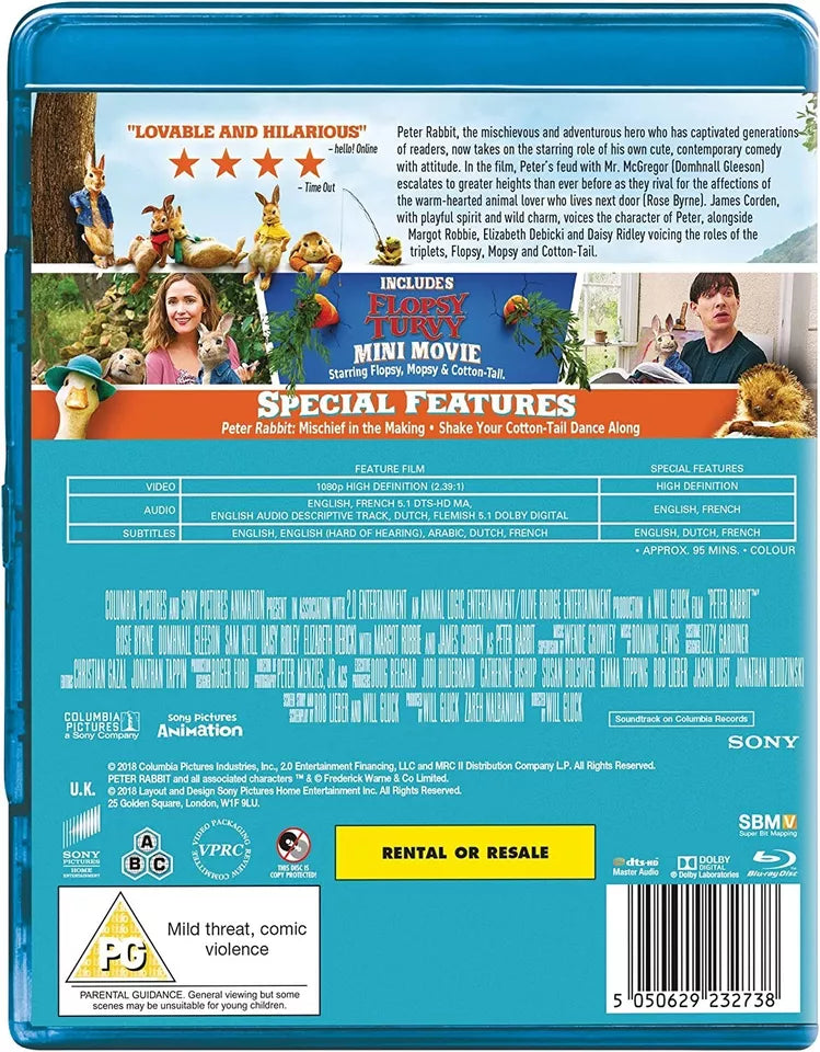 PETER RABBIT- BLU RAY - + FLOPSY TURVY MINI MOVIE - NEW SEALED