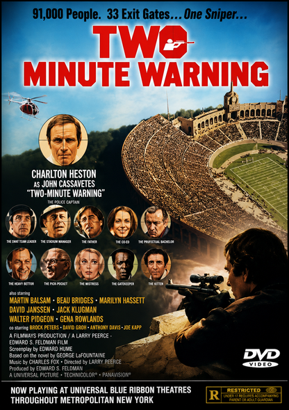 TWO MINUTE WARNING (1976) Charlton Heston • John Cassavetes • Martin Balsam • Beau Bridges • Jack Klugman • Gena Rowlands • David Janssen • Walter Pidgeon • Marilyn Hassett • Brock Peters - Public Domain Movie DVD NO CASE
