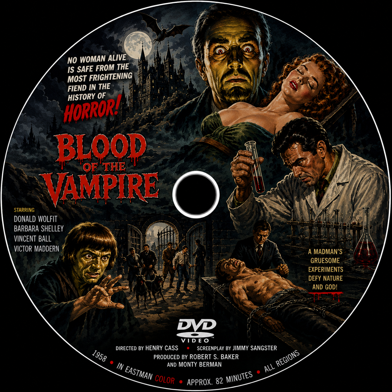 BLOOD OF THE VAMPIRE (1958)  Donald Wolfit, Barbara Shelley, Vincent Ball - Public Domain Movie DVD NO CASE