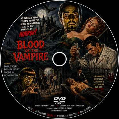 BLOOD OF THE VAMPIRE (1958)  Donald Wolfit, Barbara Shelley, Vincent Ball - Public Domain Movie DVD NO CASE