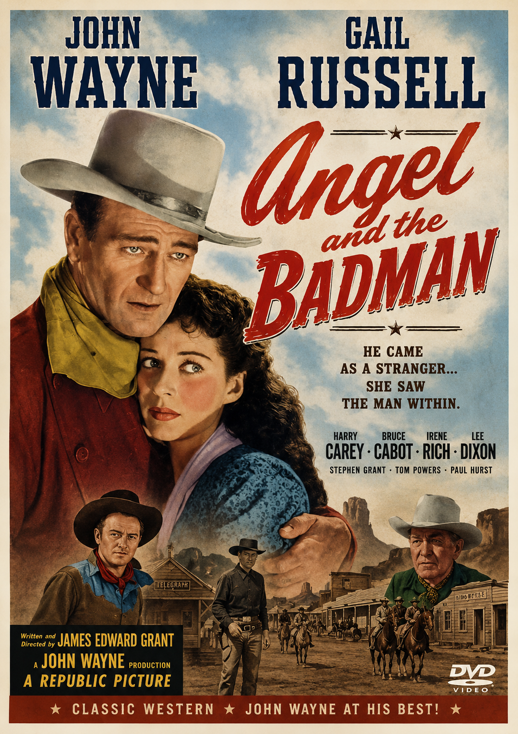 ANGEL AND THE BADMAN (1947) Starring: John Wayne, Gail Russell, Harry Carey, Bruce Cabot, Irene Rich - Public Domain Movie DVD NO CASE