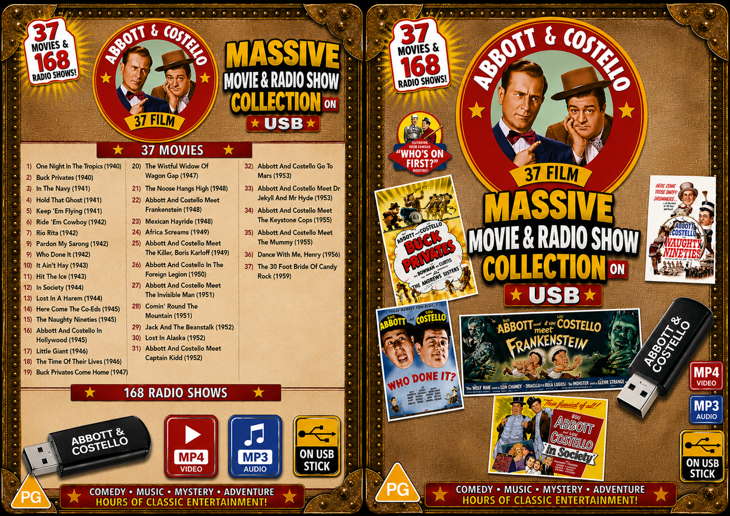 ABBOTT & COSTELLO COLLECTION - 37 MOVIE COLLECTION & 168 RADIO SHOWS ON ONE  PLUG & PLAY USB