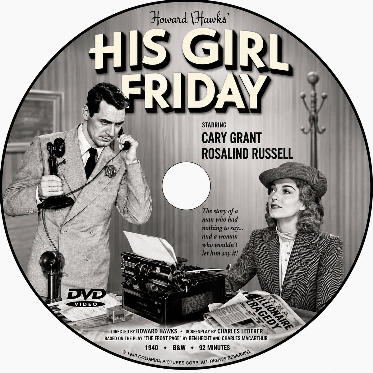 HIS GIRL FRIDAY (1940) Cary Grant, Rosalind Russell, Ralph Bellamy, Gene Lockhart - Public Domain DVD NO CASE