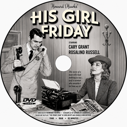 HIS GIRL FRIDAY (1940) Cary Grant, Rosalind Russell, Ralph Bellamy, Gene Lockhart - Public Domain DVD NO CASE