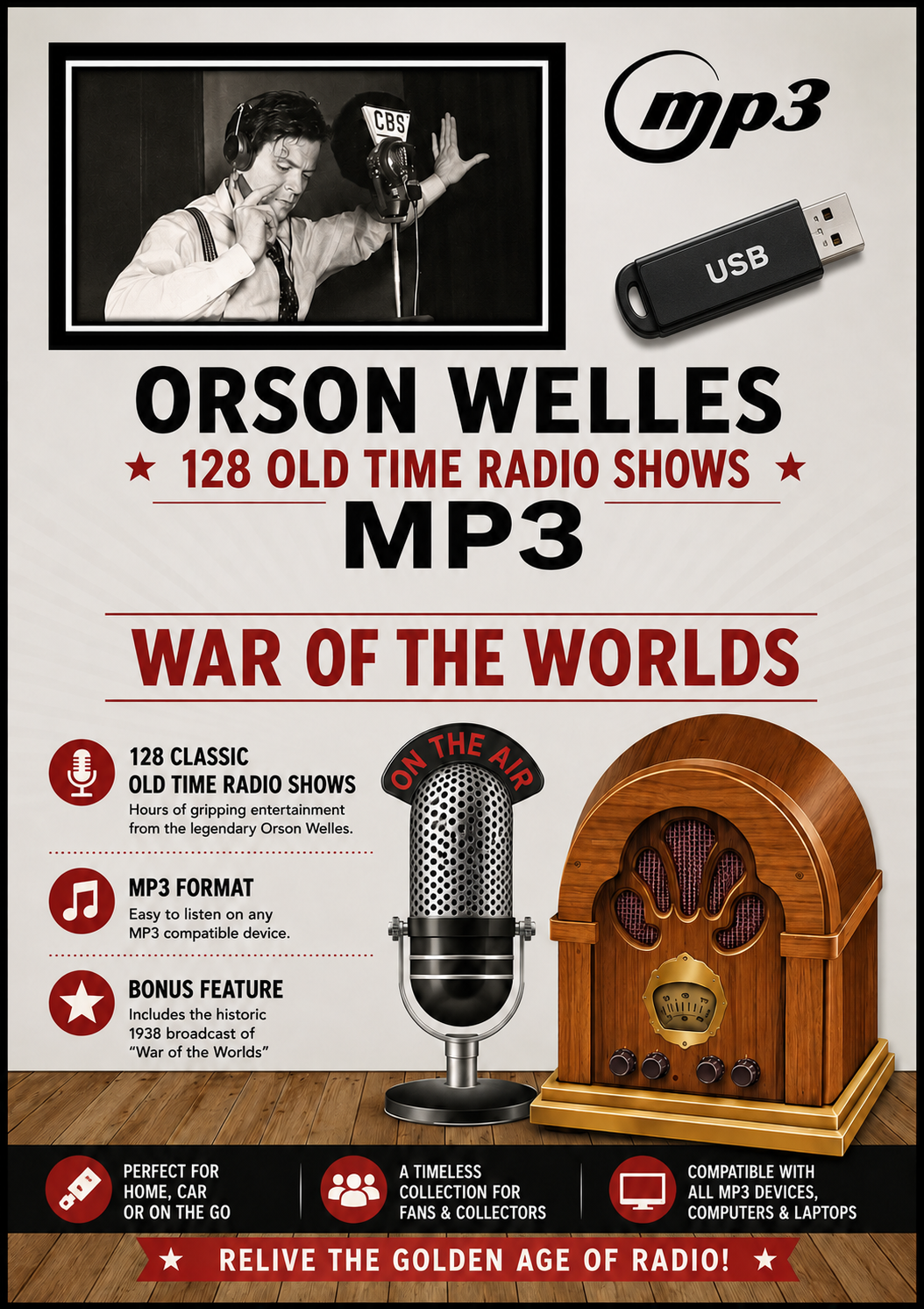 ORSON WELLES - 128 Old Time Radio Shows MP3 USB+MASSIVE BONUS WAR OF THE WORLDS