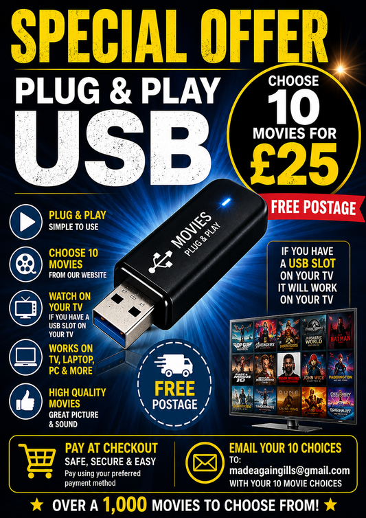10 MOVIES ON ONE USB PLUG & PLAY MP4's - ANY MOVIE OF YOUR CHOICE FROM WEBSITE
