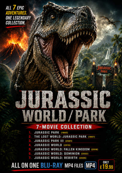 JURASSIC PARK/ WORLD 7 MOVIE BLU-RAY MP4 COLLECTION (1993-2025)  BLU-RAY NO CASE