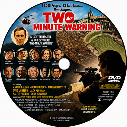 TWO MINUTE WARNING (1976) Charlton Heston • John Cassavetes • Martin Balsam • Beau Bridges • Jack Klugman • Gena Rowlands • David Janssen • Walter Pidgeon • Marilyn Hassett • Brock Peters - Public Domain Movie DVD NO CASE