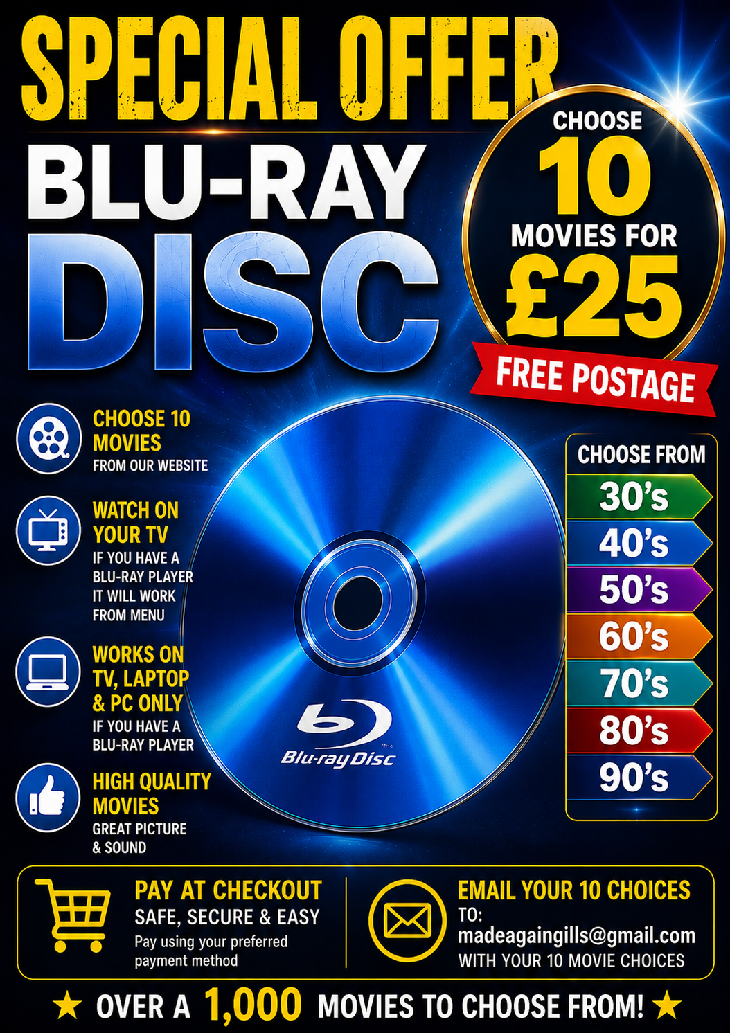 10 MOVIES ON ONE BLU-RAY OF MP4's - ANY MOVIE OF YOUR CHOICE FROM WEBSITE