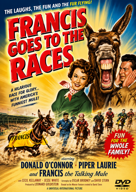 FRANCIS GOES TO THE RACES (1951) Donald O'Connor, Piper Laurie, Cecil Kellaway, Jesse White - Public Domain Movie DVD NO CASE