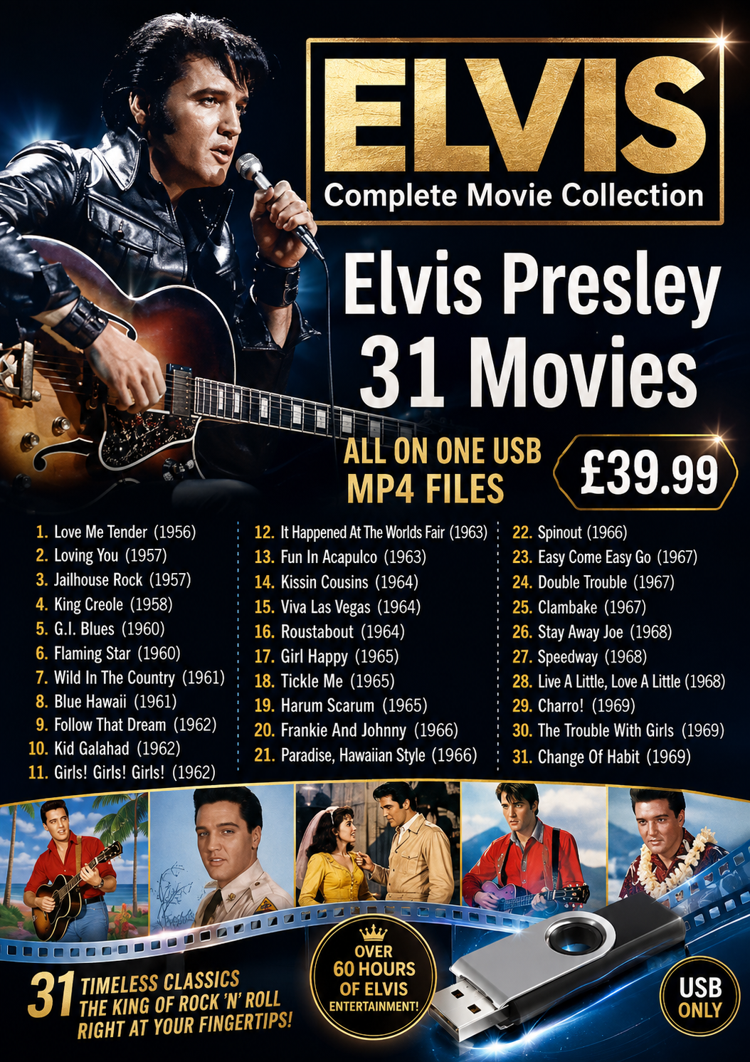 ELVIS PRESLEY COMPLETE MOVIE COLLECTION - 31 MOVIES ON ONE USB Public Domain Movies