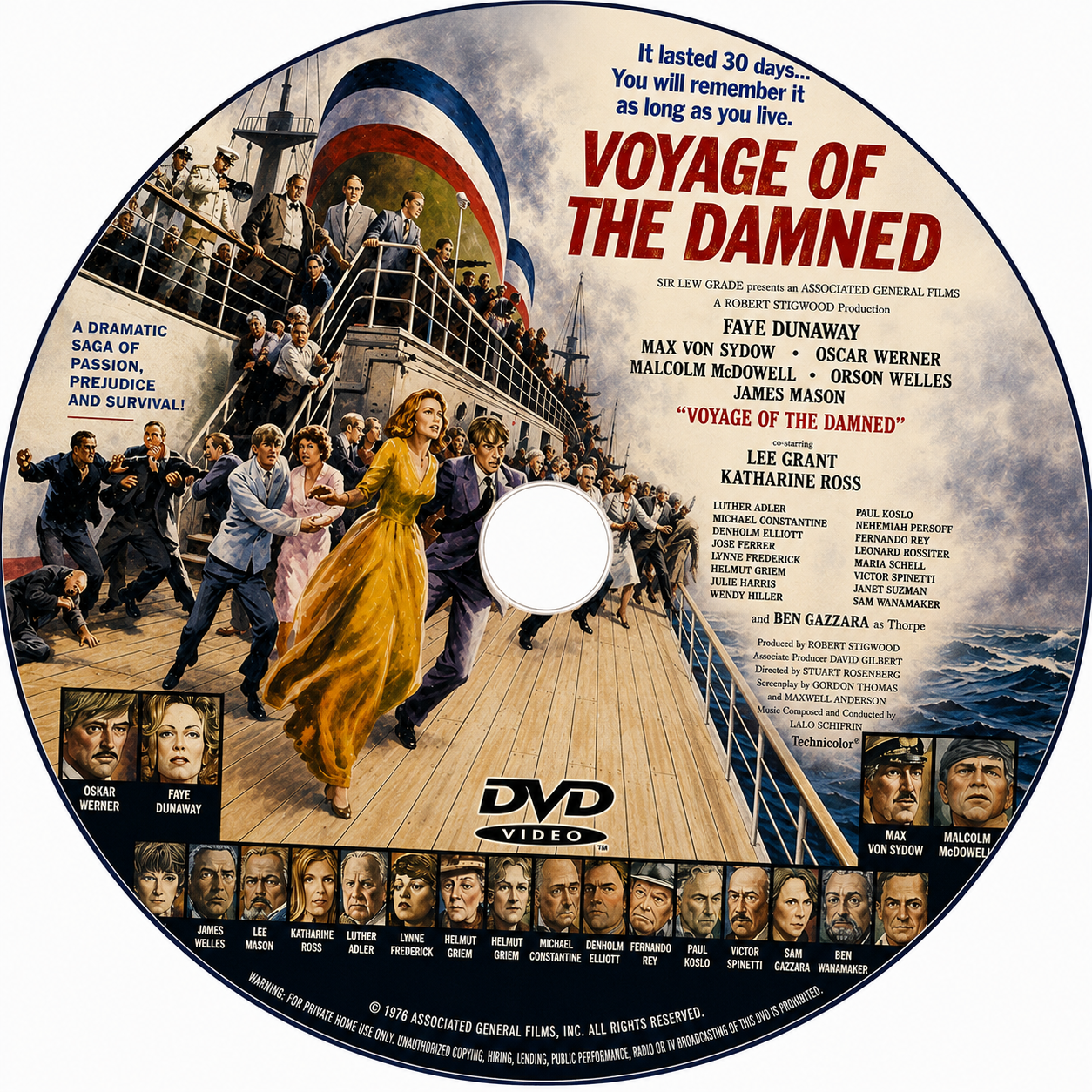 VOYAGE OF THE DAMNED (1976) Faye Dunaway, Orson Welles, Oskar Werner, Lee Grant, Max von Sydow, James Mason, Malcolm McDowell &amp; Lynne Frederick - Public Domain DVD NO CASE