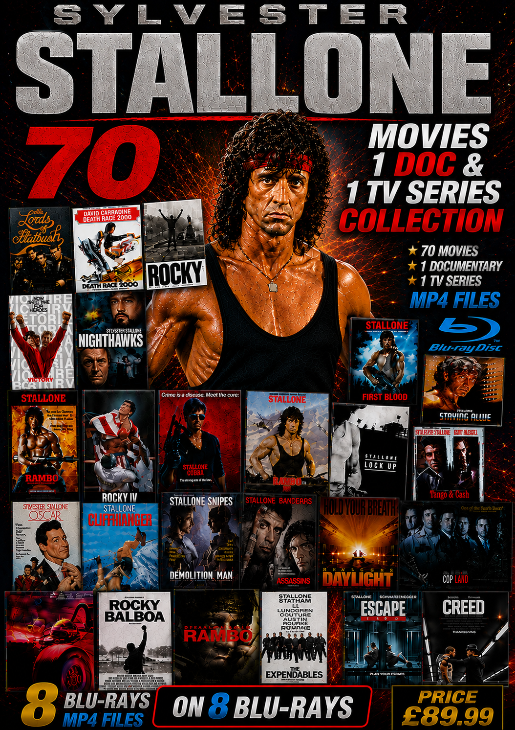 SYLVESTER STALLONE - 70 MOVIES - 1 DOC 1 TV SERIES COLLECTION ON 8 BLU-RAY'S MP4's