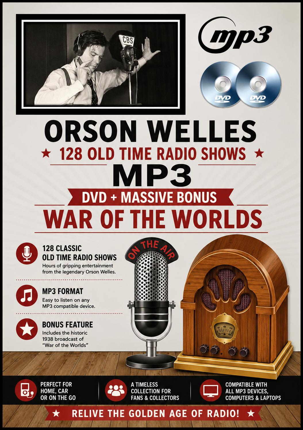 ORSON WELLES - 128 Old Time Radio Shows MP3 DVD + BONUS WAR OF THE WORLDS DVDROM