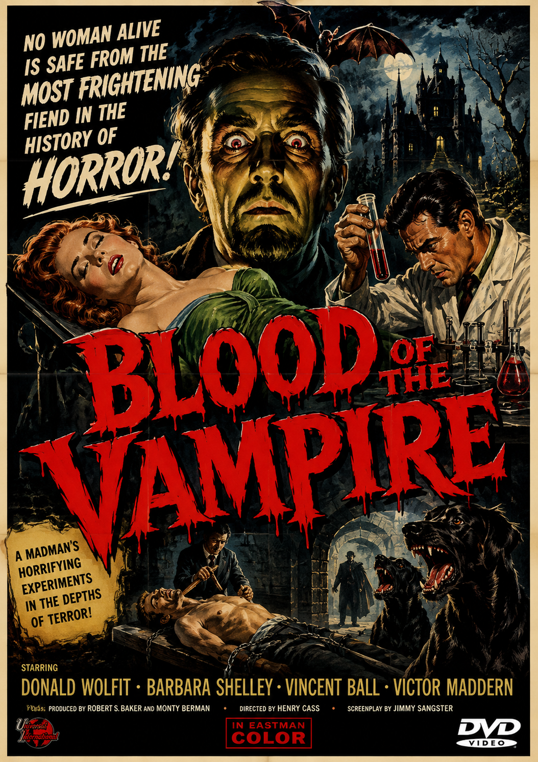 BLOOD OF THE VAMPIRE (1958)  Donald Wolfit, Barbara Shelley, Vincent Ball - Public Domain Movie DVD NO CASE
