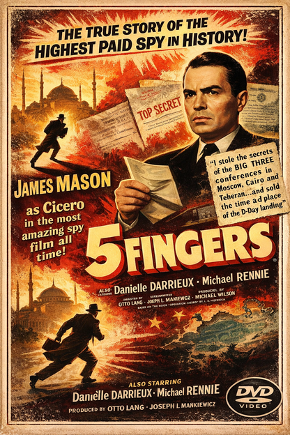 5 FINGERS (1952) James Mason ,Danielle Darrieux ,Michael Rennie ,Walter Hampden ,Oskar Karlweis ,Herbert Berghof ,John Wengraf  - Public Domain DVD NO CASE
