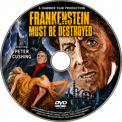 FRANKENSTEIN MUST BE DESTROYED (1965) Peter Cushing,Simon Ward - Public Domain DVD NO CASE