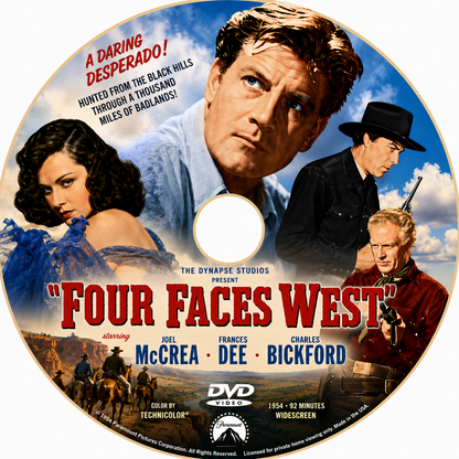 "FOUR FACES WEST" (1948) Joel McCrea, Frances Dee, Charles Bickford, Joseph Calleia - Public Domain Movie DVD NO CASE