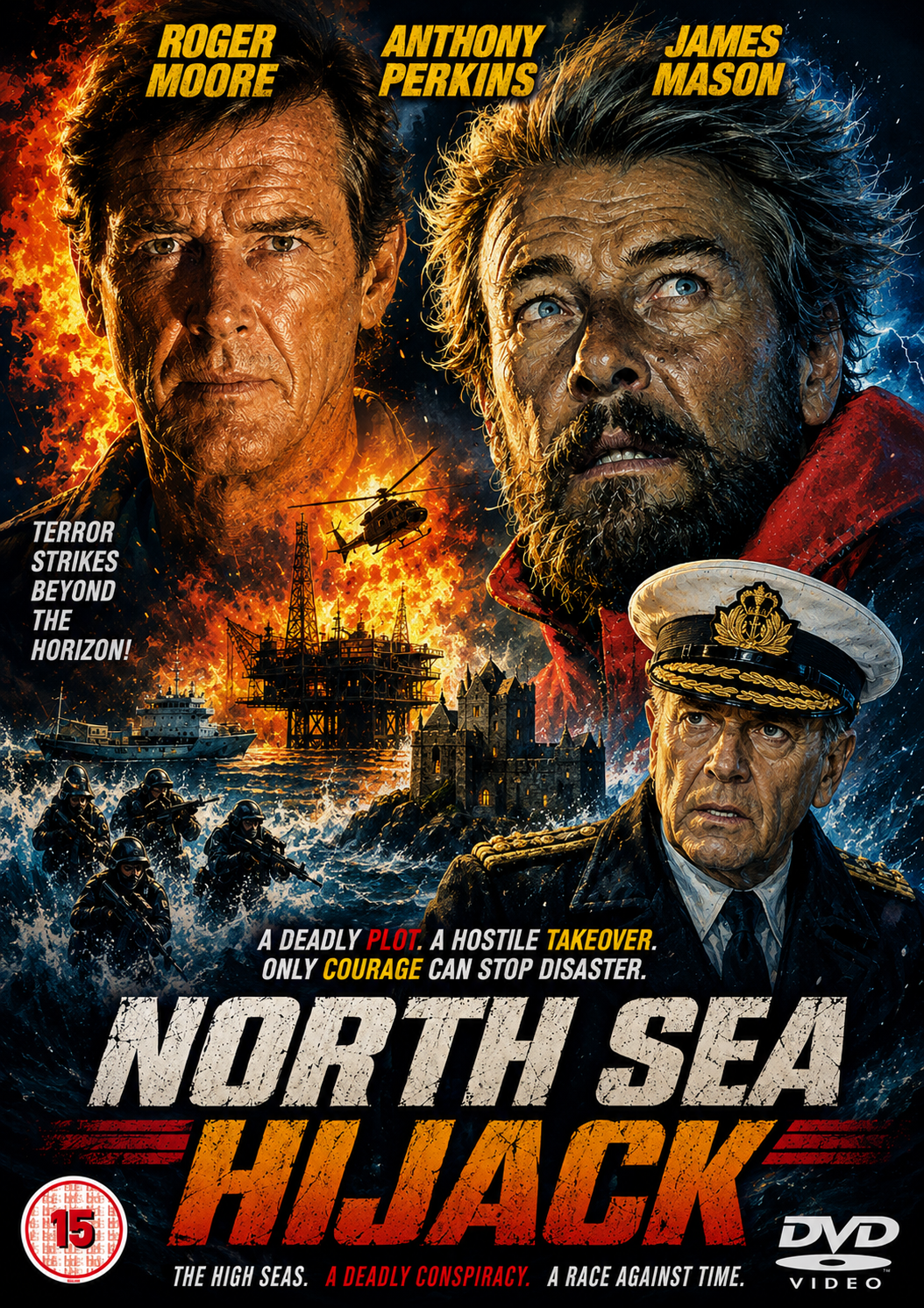 NORTH SEA HIJACK (1980) Roger Moore, Anthony Perkins, James Mason, Michael Parks, David Hedison, Michael Billington - Public Domain DVD NO CASE