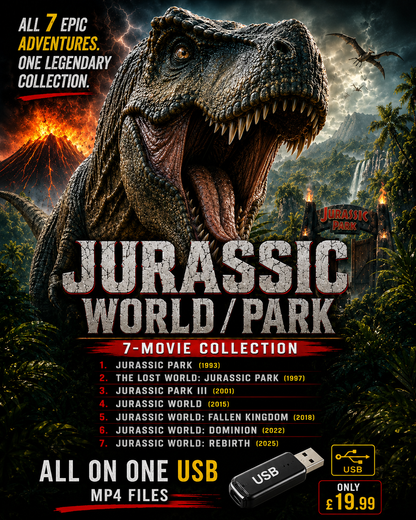 JURASSIC PARK/ WORLD 7 MOVIE USB MP4 COLLECTION (1993-2025)  USB