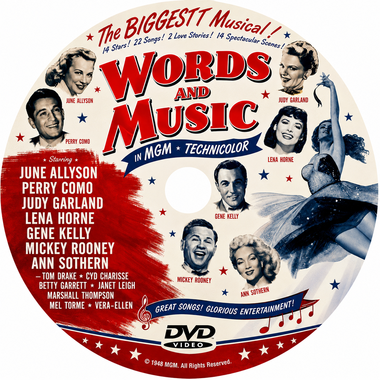 WORDS AND MUSIC (1948) Mickey Rooney • Tom Drake • Janet Leigh • Betty Garrett • Ann Sothern • Judy Garland • Gene Kelly • Lena Horne • Perry Como - Public Domain Movie DVD NO CASE