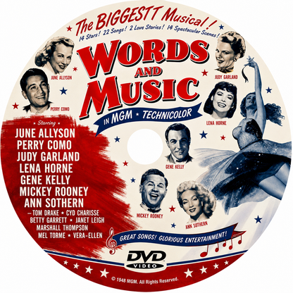 WORDS AND MUSIC (1948) Mickey Rooney • Tom Drake • Janet Leigh • Betty Garrett • Ann Sothern • Judy Garland • Gene Kelly • Lena Horne • Perry Como - Public Domain Movie DVD NO CASE