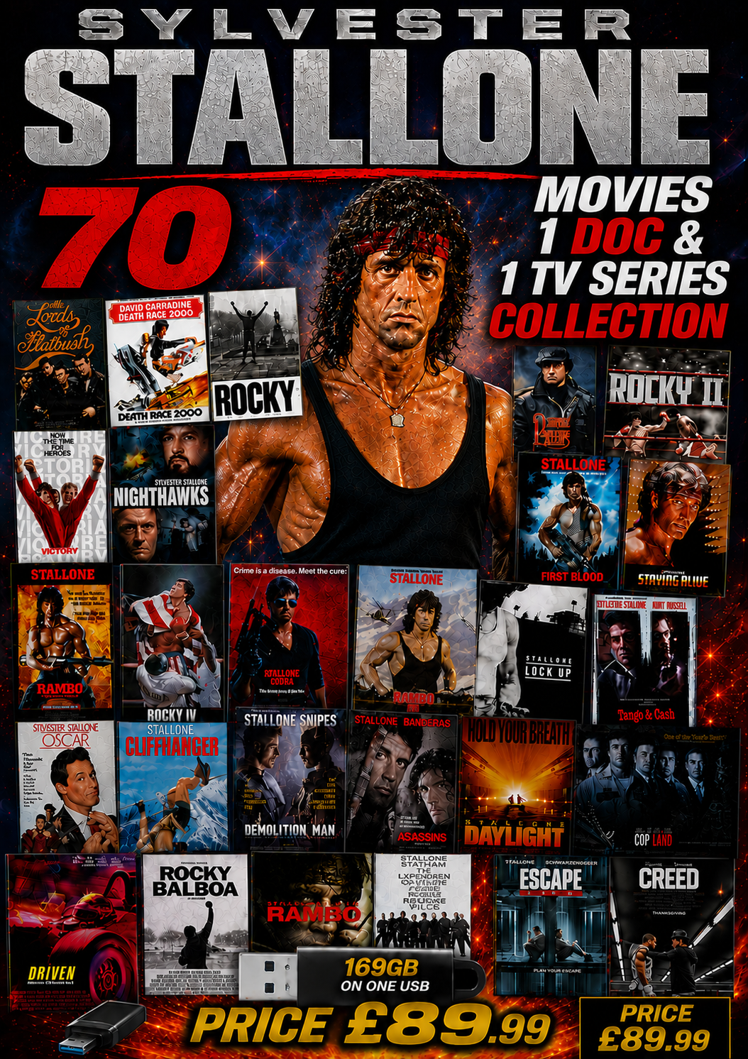 SYLVESTER STALLONE - 70 MOVIES - 1 DOC 1 TV SERIES COLLECTION ON ONE USB PLUG & PLAY MP4's