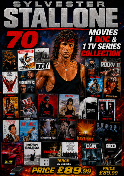 SYLVESTER STALLONE - 70 MOVIES - 1 DOC 1 TV SERIES COLLECTION ON ONE USB PLUG & PLAY MP4's
