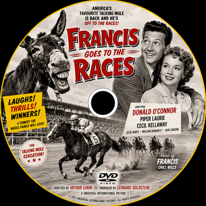 FRANCIS GOES TO THE RACES (1951) Donald O'Connor, Piper Laurie, Cecil Kellaway, Jesse White - Public Domain Movie DVD NO CASE