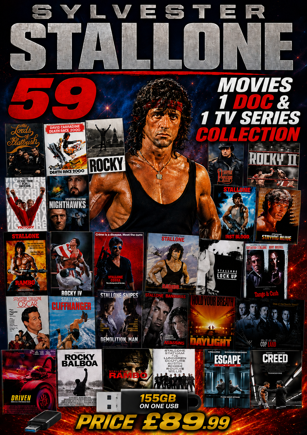 SYLVESTER STALLONE - 59 MOVIES - 1 DOC 1 TV SERIES COLLECTION ON ONE USB PLUG & PLAY MP4's