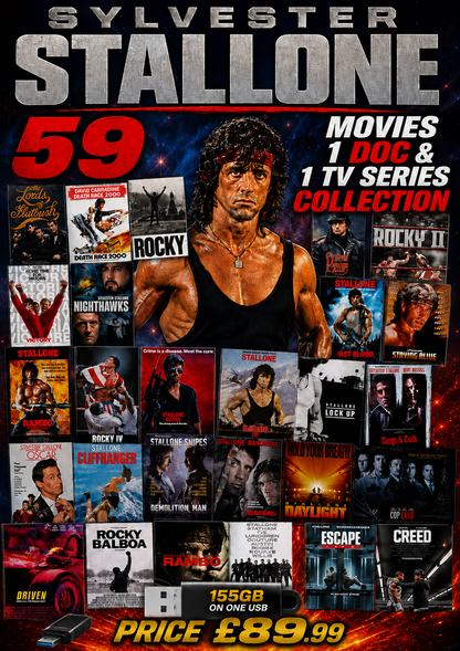 SYLVESTER STALLONE - 59 MOVIES - 1 DOC 1 TV SERIES COLLECTION ON ONE USB PLUG & PLAY MP4's