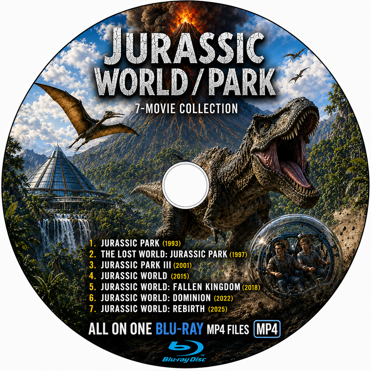 JURASSIC PARK/ WORLD 7 MOVIE BLU-RAY MP4 COLLECTION (1993-2025)  BLU-RAY NO CASE