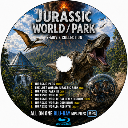 JURASSIC PARK/ WORLD 7 MOVIE BLU-RAY MP4 COLLECTION (1993-2025)  BLU-RAY NO CASE