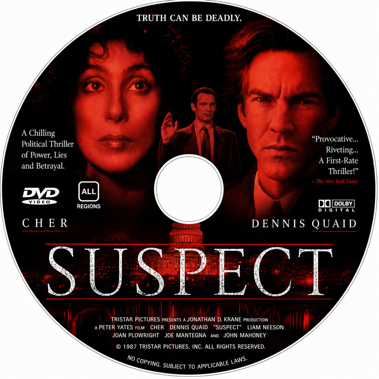 SUSPECT (1987) Cher, Dennis Quaid, Liam Neeson  - PUBLIC DOMAIN DVD ONLY NO CASE