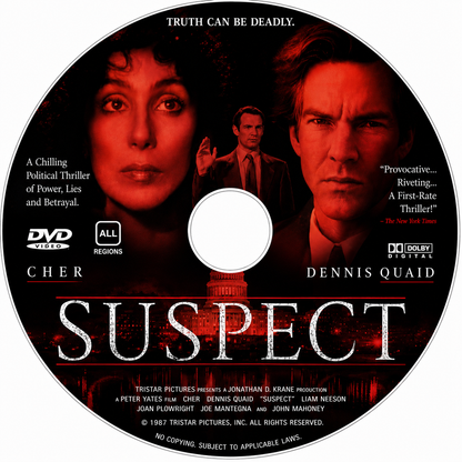 SUSPECT (1987) Cher, Dennis Quaid, Liam Neeson  - PUBLIC DOMAIN DVD ONLY NO CASE