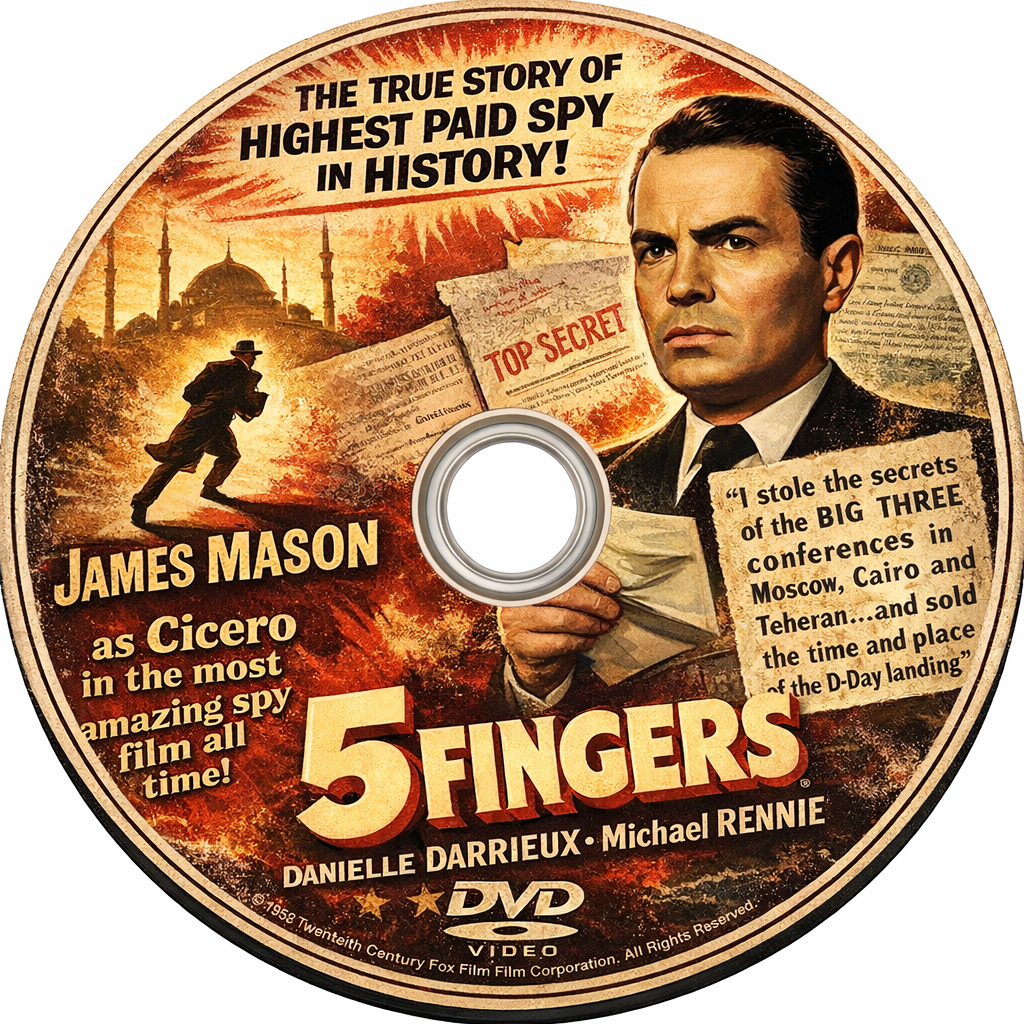 5 FINGERS (1952) James Mason ,Danielle Darrieux ,Michael Rennie ,Walter Hampden ,Oskar Karlweis ,Herbert Berghof ,John Wengraf  - Public Domain DVD NO CASE