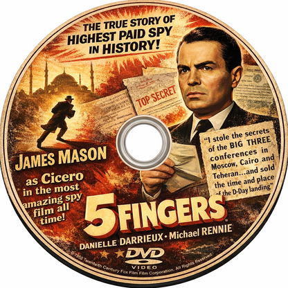 5 FINGERS (1952) James Mason ,Danielle Darrieux ,Michael Rennie ,Walter Hampden ,Oskar Karlweis ,Herbert Berghof ,John Wengraf  - Public Domain DVD NO CASE
