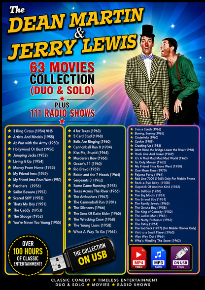 DEAN MARTIN & JERRY LEWIS COLLECTION - 63 MOVIE COLLECTION &111 RADIO SHOWS ON ONE  PLUG & PLAY USB