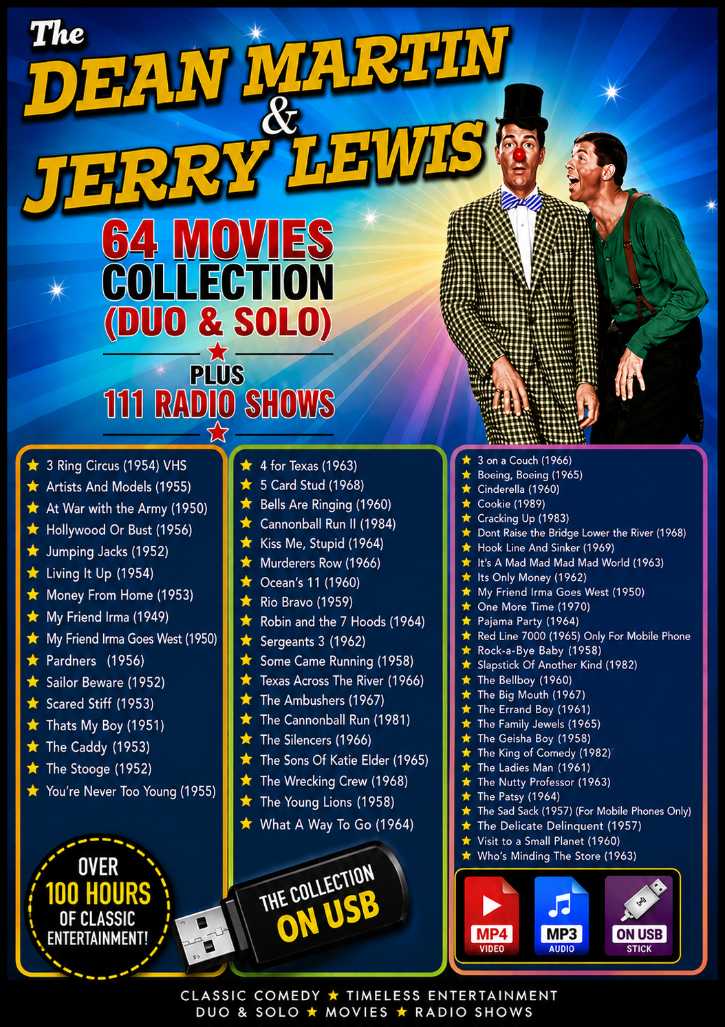 DEAN MARTIN & JERRY LEWIS COLLECTION - 64 MOVIE COLLECTION & 111 RADIO SHOWS ON ONE  PLUG & PLAY USB
