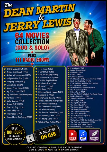 DEAN MARTIN & JERRY LEWIS COLLECTION - 64 MOVIE COLLECTION & 111 RADIO SHOWS ON ONE  PLUG & PLAY USB (Copy)