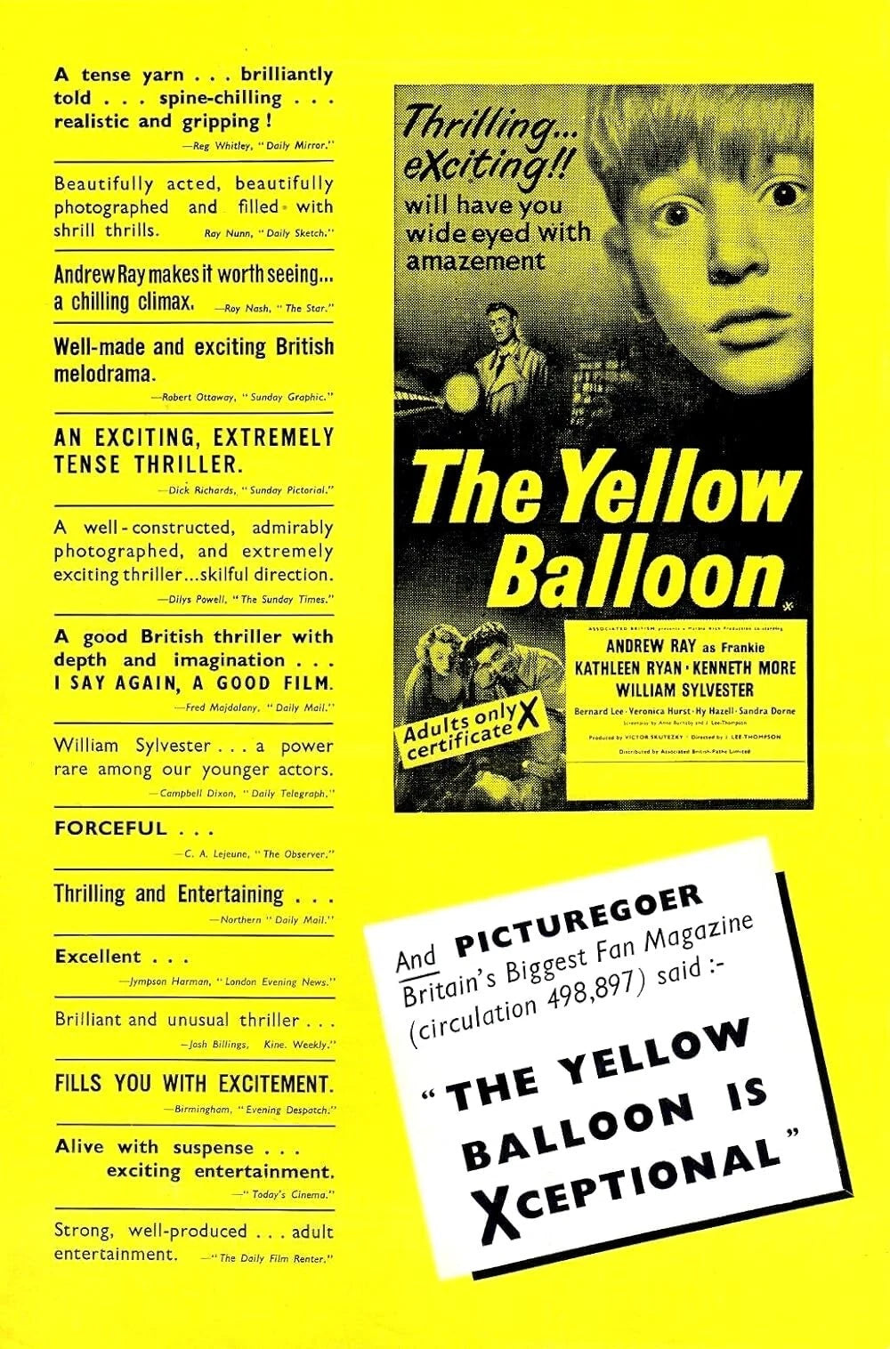 THE YELLOW BALLOON  (1953) Bernard Lee, Kenneth More, Andrew Ray, William Sylvester, Kathleen Ryan  - Public Domain DVD NO CASE